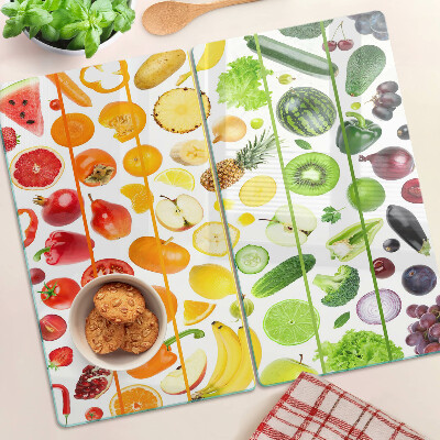 Tabla para cortar Frutas y verduras en colores del arco iris.