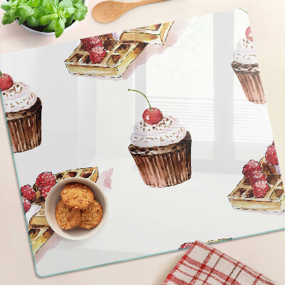 Tabla de cortar de cristal Waffles y cupcakes con cerezas