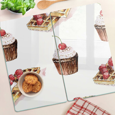 Tabla de cortar de cristal Waffles y cupcakes con cerezas