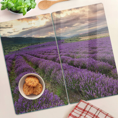 Tabla de cortar de cristal Campo de lavanda al atardecer