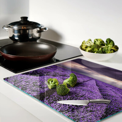 Tabla de cortar de cristal Campo de lavanda con puesta de sol