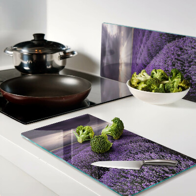 Tabla de cortar de cristal Campo de lavanda con puesta de sol