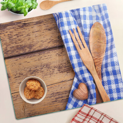 Tabla para cortar Tema de cocina con accesorios de madera.