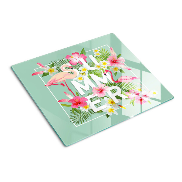 Tabla de cortar de cristal Flores de verano y flamencos