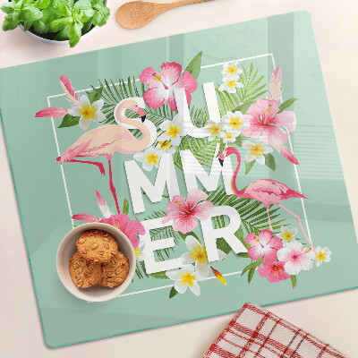 Tabla de cortar de cristal Flores de verano y flamencos