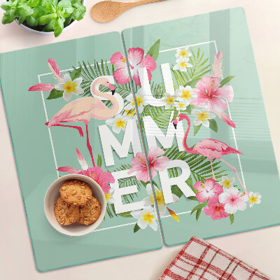Tabla de cortar de cristal Flores de verano y flamencos