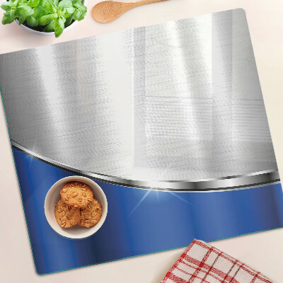 Tabla de cortar de cristal Patrón metálico con acentos azules.