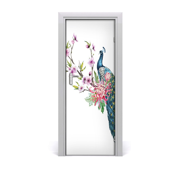 Vinilo para puerta Pavo real y flores