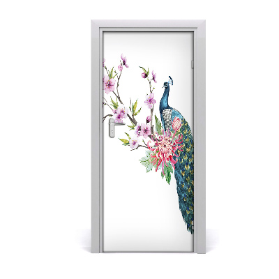 Vinilo para puerta Pavo real y flores
