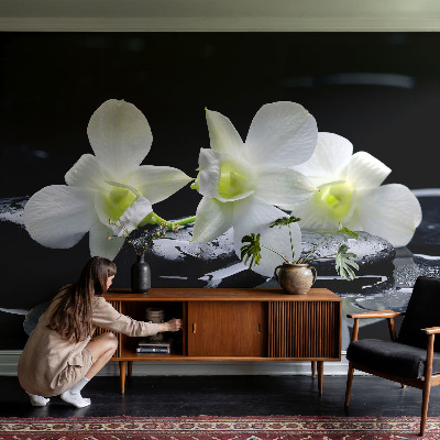 Mural decorativo con motivos de flores y piedras