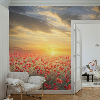 Papel mural con patrón decorativo con motivo de campo de amapolas