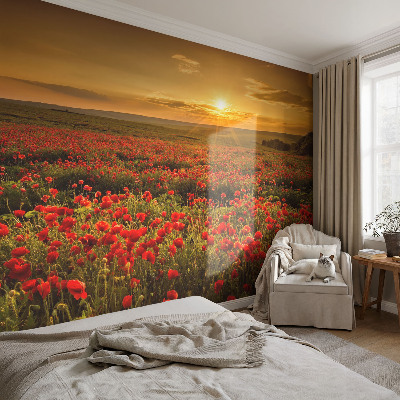 Fotomural decorativo para cabecero de cama con diseño de campo de amapolas