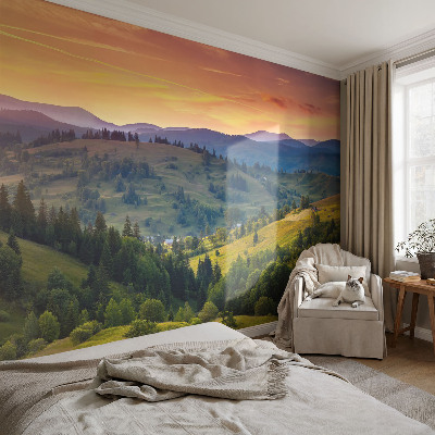 Papel mural con patrón decorativo con un paisaje de montaña