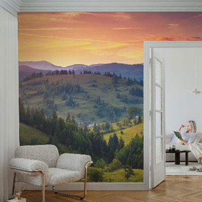 Papel mural con patrón decorativo con un paisaje de montaña