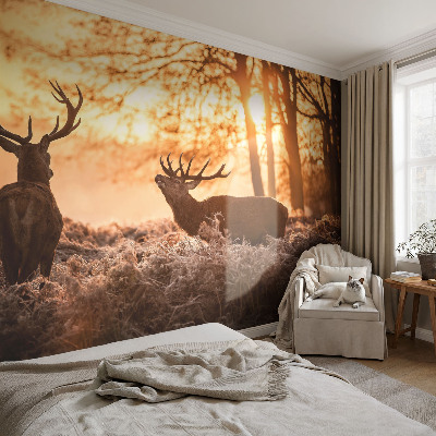 Papel mural con patrón decorativo con diseño de ciervos por la mañana