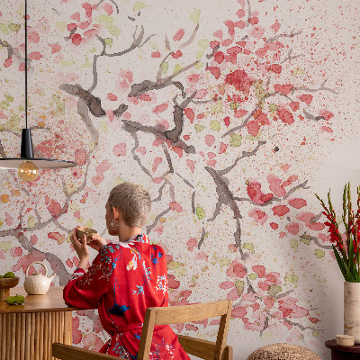 Papel mural con patrón decorativo con ramas floridas