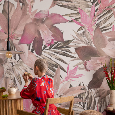 Papel mural texturado decorativo con estampado de flores exóticas