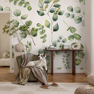 Papel mural con patrón decorativo con hojas verdes