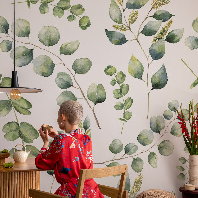 Papel mural con patrón decorativo con hojas verdes