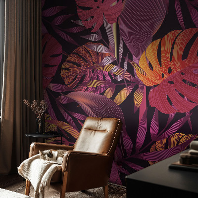 Papel mural texturado decorativo con motivo de hojas exóticas