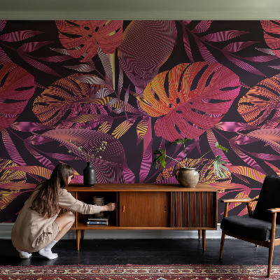 Papel mural texturado decorativo con motivo de hojas exóticas