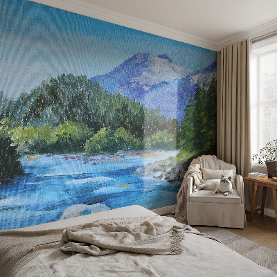 Papel mural con patrón decorativo con un paisaje de montaña