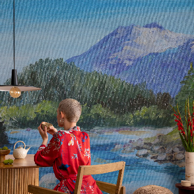 Papel mural con patrón decorativo con un paisaje de montaña