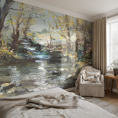 Papel mural texturado decorativo con motivo de arroyo forestal
