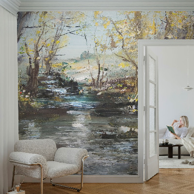 Papel mural texturado decorativo con motivo de arroyo forestal