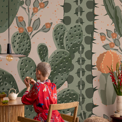 Papel mural con patrón decorativo con motivos de cactus verdes