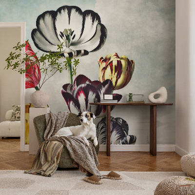 Papel mural texturado decorativo con estampado de tulipanes coloridos