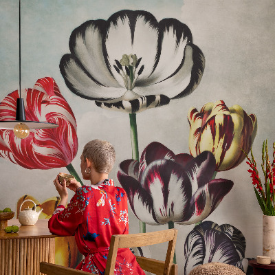 Papel mural texturado decorativo con estampado de tulipanes coloridos