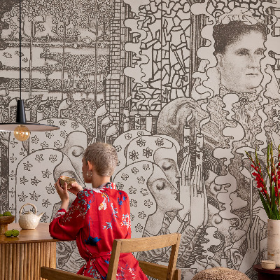 Mural decorativo con retratos florales