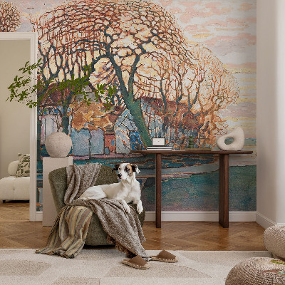 Papel mural con patrón decorativo con un paisaje idílico
