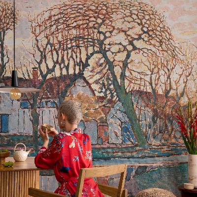 Papel mural con patrón decorativo con un paisaje idílico