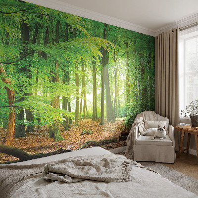 Papel mural con patrón decorativo con diseño de bosque en tonos verdes