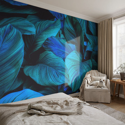 Mural decorativo con diseño de hojas azules