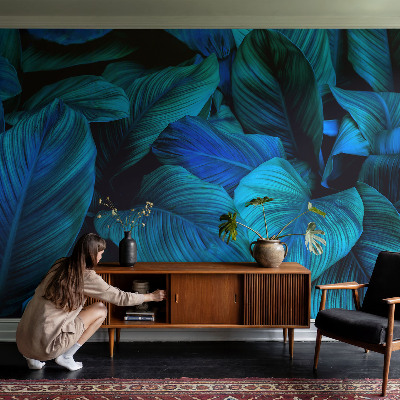 Mural decorativo con diseño de hojas azules
