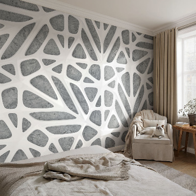 Mural decorativo con diseño geométrico en tonos rojos
