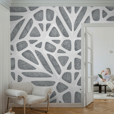 Mural decorativo con diseño geométrico en tonos rojos