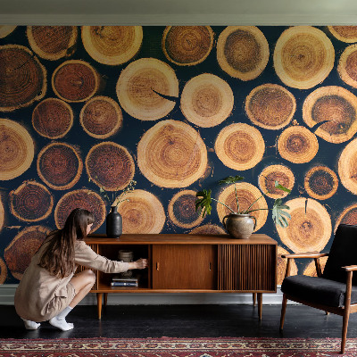 Papel mural con patrón decorativo con motivos de círculos de madera
