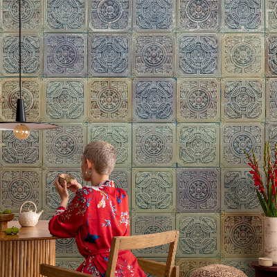 Fotomural decorativo para cabecero de cama con motivo de azulejos geométricos