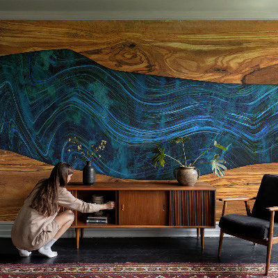 Mural de pared con estampado hermoso con diseño de madera en tono azul