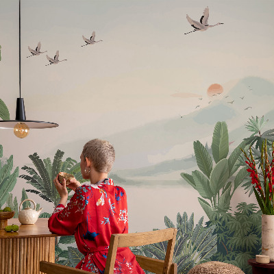 Mural de pared con estampado hermoso con motivo de oasis tropical