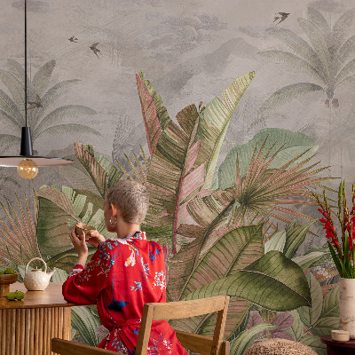 Papel mural texturado decorativo con motivo de selva exótica