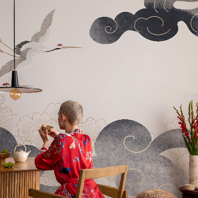 Fotomural decorativo para cabecero de cama con diseño de grullas en vuelo
