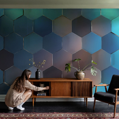 Papel mural con patrón decorativo con un diseño de hexágonos azules