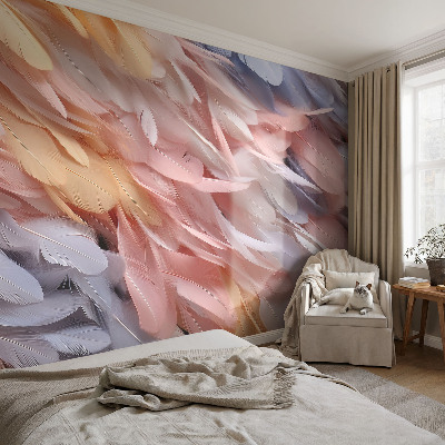 Mural decorativo con un diseño de plumas en tonos pastel