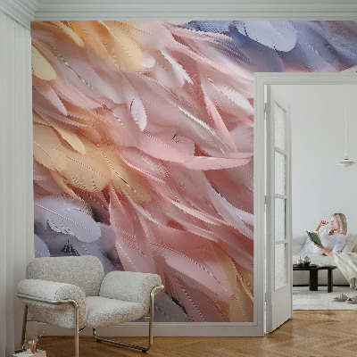 Mural decorativo con un diseño de plumas en tonos pastel