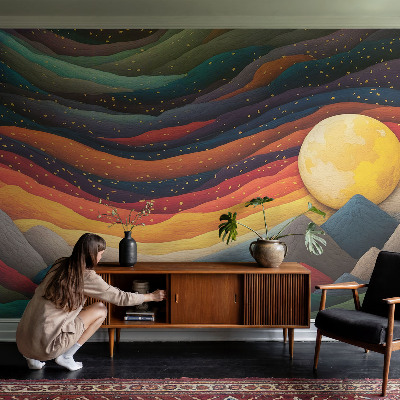 Fotomural decorativo para cabecero de cama con diseño de montañas coloridas
